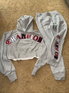 Champion Gray Cropped Hoodie & Sweatpants Set with Red and Navy Logo